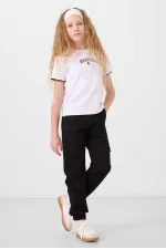 Tommylife Toptan O Yaka Baskılı Lastik Paça Kargo Cepli Kız Çocuk Eşofman Takım 75173 Beyaz Siyah
