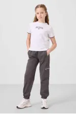 Ensemble de survêtement Tommylife Wholesale pour filles, col rond imprimé, ourlet élastiqué, poche cargo, réf. 75173, blanc et gris foncé