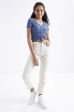 Tommylife Toptan Petrol Büzgü Detaylı V Yaka Kadın Crop Top T-Shirt - 97205