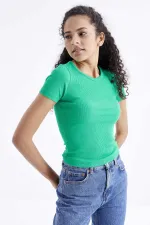 Tommylife Toptan Yeşil Basic Kısa Kol O Yaka Kadın T-Shirt - 97202