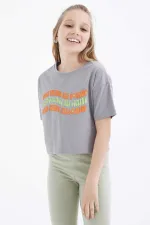 Tommylife Wholesale Grey Oversize Colorful Printed Drop Shoulder Crew Neck Girls Crop T-Shirt - 75038