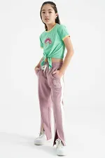 Tommylife Toptan Su Yeşili Baskı Detaylı O Yaka Çok Renkli Bağlama Detaylı Kız Çocuk T-Shirt - 75113