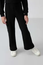 Tommylife Toptan 7-15 Yaş Dik Yaka Standart Kalıp Kız Çocuk Eşofman Takımı 75159 Siyah