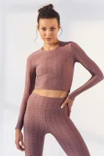 Tommylife Toptan Gül Kurusu Kendinden Desenli O Yaka Uzun Kol Kadın Crop Top T-Shirt - 97153