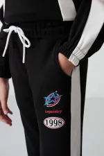 Tommylife Toptan 7-15 Yaş Kapüşonlu Oversize Kız Çocuk Eşofman Takımı 75166 Siyah