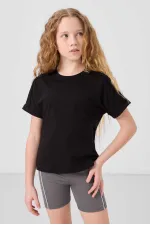 Tommylife Toptan Pamuklu O Yaka Oversize Fit Basic Kız Çocuk T Shirt 75182 Siyah