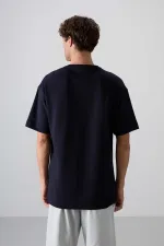 Tommylife Wholesale Crew Neck Oversize Printed Men's T-Shirt 88325 Navy Blue