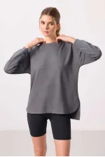 Tommylife Wholesale Soft Texture O Neck Comfortable Form Women's Tunic Sweatshirt - 97305 Dark Gray