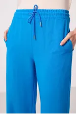 Tommylife Toptan Keten Geniş Paça Rahat Form Kadın Palazzo Pantolon - 94675 Mavi