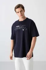 Tommylife Wholesale Crew Neck Oversize Printed Men's T-Shirt 88326 Navy Blue