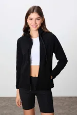 Tommylife Toptan Kapüşonlu Standart Kalıp Fermuarlı Kadın Polar Sweatshirt 97287 Siyah