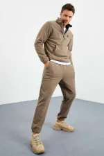 Tommylife Wholesale Standard Fit Half-Zip Fleece Men's Tracksuit Set 85159 Camel