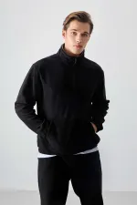 Tommylife Toptan Standart Kalıp Yarım Fermuar Polar Erkek Eşofman Takımı 85159 Siyah