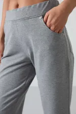 Tommylife Wholesale Grey Melange Women's Sweatpants with Stone Details, Pockets, Comfortable Fit, Classic Leg - 94007