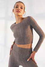 Tommylife Toptan Gri Kendinden Desenli O Yaka Uzun Kol Kadın Crop Top T-Shirt - 97153