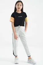 Tommylife Toptan Siyah Yazı Baskılı O Yaka Düşük Omuzlu Oversize Kız Çocuk T-Shirt - 75130