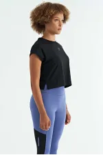 Tommylife Wholesale Black Logo Print Crew Neck Drop Sleeve Oversize Women's Crop T-Shirt - 97262