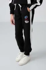 Tommylife Toptan 7-15 Yaş Kapüşonlu Oversize Kız Çocuk Eşofman Takımı 75166 Siyah