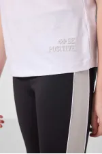 Ensemble de leggings Tommylife Wholesale pour filles, col rond, rayures latérales, coupe standard, performance, blanc et noir, réf. 75191