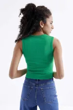 Tommylife Toptan Yeşil Basic Kolsuz O Yaka Kadın Crop Top Atlet - 97204