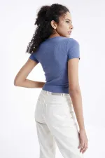 Tommylife Toptan Petrol Büzgü Detaylı V Yaka Kadın Crop Top T-Shirt - 97205