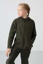 Sweat-shirt à capuche en polaire Tommylife Wholesale pour filles de 7 à 15 ans, coupe standard, référence 75152, kaki