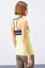 Tommylife Toptan Limon Kolsuz Arka Yazı Detaylı Standart Kalıp Kadın Spor Atlet - 97096