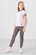 Tommylife Toptan O Yaka Yan Şerit Detaylı Standart Fit Performans Kız Çocuk Tayt Takım 75191 Beyaz Koyu Gri