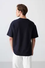 Tommylife Wholesale Crew Neck Oversize Printed Men's T-Shirt 88336 Navy Blue