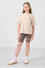 Tommylife Toptan Pamuklu O Yaka Standart Fit Baskılı Kız Çocuk Tayt Takım 75190 Bej Kahverengi