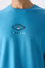 Tommylife Wholesale Crew Neck Oversize Printed Men's T-Shirt 88325 Petrol Blue