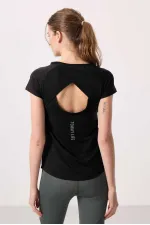 T-shirt femme Tommylife Wholesale noir à manches courtes et col rond, coupe standard - 97101