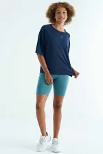 Tommylife Wholesale Indigo Crew Neck Print Detail Oversize Short Sleeve Women's T-Shirt - 97263