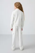 Tommylife Toptan 7-15 Yaş Dik Yaka Standart Kalıp Kız Çocuk Eşofman Takımı 75159 Ekru