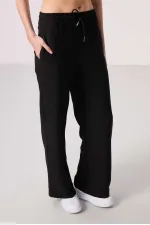 Tommylife Toptan Keten Geniş Paça Rahat Form Kadın Palazzo Pantolon - 94675 Siyah