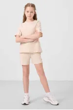 Tommylife Toptan Pamuklu Yumuşak Dokulu Standart Fit Basic Kız Çocuk Şort Takım 75184 Bej