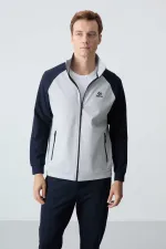 Tommylife Toptan Rahat Kalıp Dik Yaka Klasik Paça Erkek Eşofman Takımı 85113 Gri - Lacivert