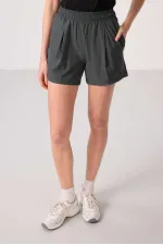 Tommylife Toptan Polyester Gizli Cep Fermuarlı Rahat Form Kadın Şort - 91014 Haki
