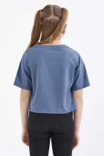Tommylife Toptan Petrol Oversize Renkli Yazı Baskılı Düşük Omuz O Yaka Kız Çocuk Crop T-Shirt  - 75038