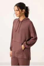 Ensemble tunique de survêtement à capuche oversize pour femme Tommylife, texture douce, vente en gros - 95348 Marron