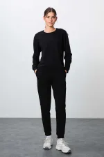 Tommylife Toptan Oversize O Yaka Jogger Kadın Eşofman Takımı 95341 Siyah