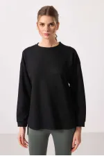 Tommylife Toptan Yumuşak Dokulu O Yaka Rahat Form Kadın Tunik Sweatshirt - 97305 Siyah