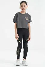 Tommylife Toptan Koyu Gri Ön Arka Baskılı O Yaka Düşük Omuz Oversize Kısa Kollu Kız Çocuk T-Shirt - 75126