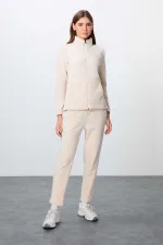 Ensemble de survêtement en polaire Tommylife Wholesale pour femme, coupe classique, col montant, taille oversize, beige, référence 95339