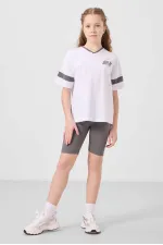 Tommylife Toptan V Yaka Kemer Detaylı Standart Fit Performans Kız Çocuk Tayt Takım 75187 Beyaz Koyu Gri