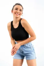 Débardeur court sans manches bleu marine Tommylife, coupe ajustée, col en U, pour femme - 97162