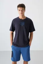 Tommylife Wholesale Crew Neck Oversize Printed Men's T-Shirt 88333 Navy Blue