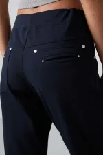 Tommylife Toptan Lacivert Taş Detaylı Cepli Rahat Form Klasik Paça Kadın Eşofman Altı - 94007