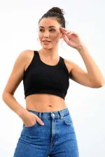 Tommylife Wholesale Navy Blue Basic Sleeveless Slim Fit U-Neck Women's Crop Top Tank Top - 97160