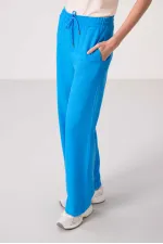 Tommylife Toptan Keten Geniş Paça Rahat Form Kadın Palazzo Pantolon - 94675 Mavi